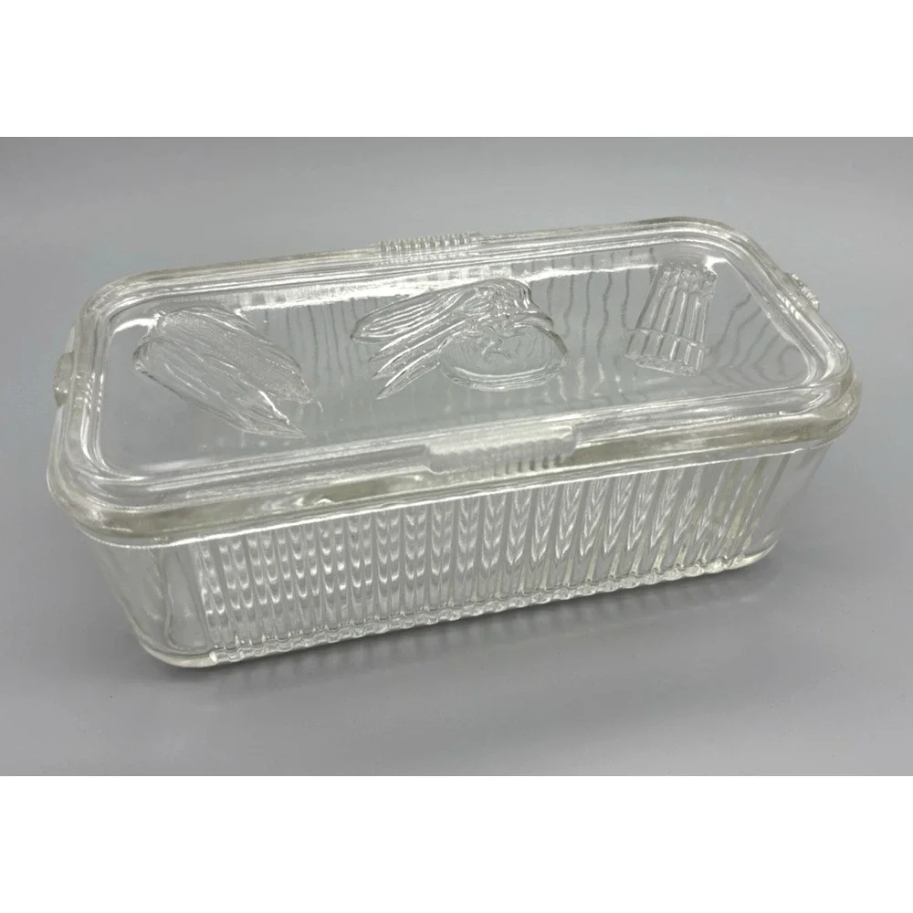 Vintage Federal clear glass refrigerator storage dish embossed vegetables on lid